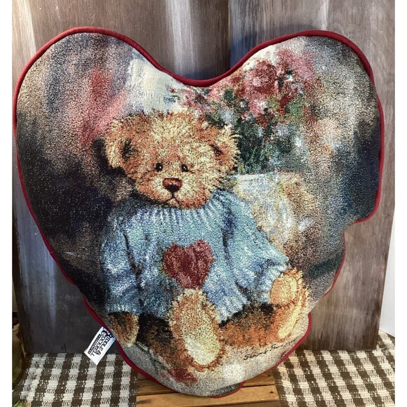 Riddle & Cockrell Heart Shaped Teddy Bear Pillow Embroidered Style Roughly 16x15 - Picture 1 of 11